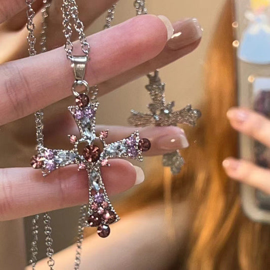 Gothic Y2K Rhinestone Cross Pendant Necklace Vintage Punk Jewelry