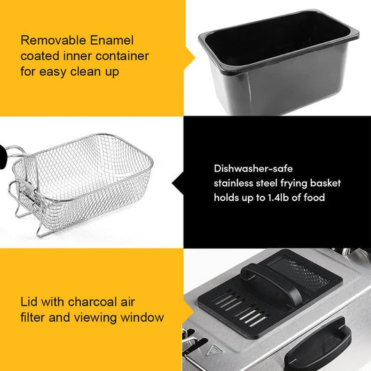 Product features including a removable enamel-coated inner container, dishwasher-safe stainless steel frying basket, and a lid with charcoal air filter and viewing window.