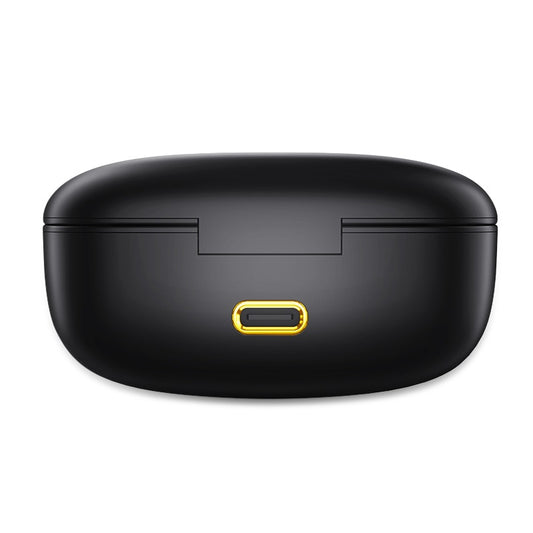 Black wireless earbuds case with a gold charging port on a white background