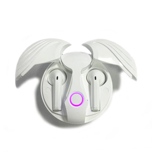 White wireless earbuds with charging case on a white background