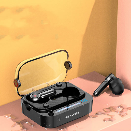 Wireless earbuds with charging case on a colorful background