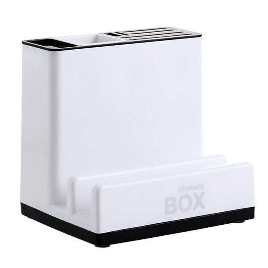 White storage box with black accents on a white background