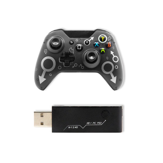 Black gaming controller and USB adapter on a white background