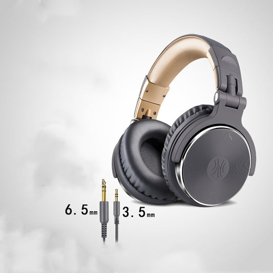 Headphones with a close-up of audio jack connectors on a light gray background