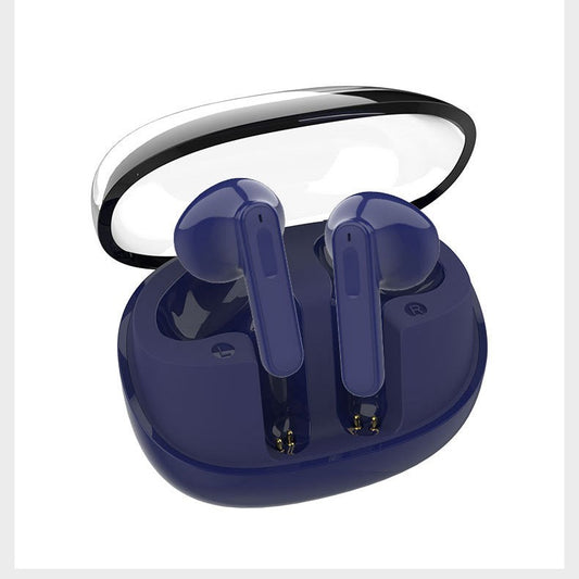 Navy blue wireless earbuds in a transparent charging case on a white background