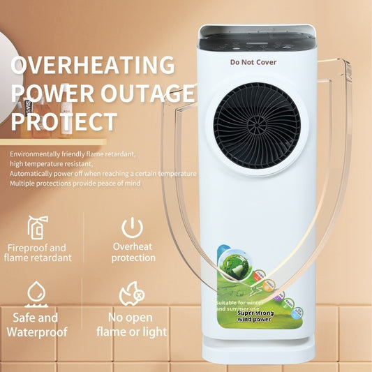 Portable air conditioner with features listed on a beige background