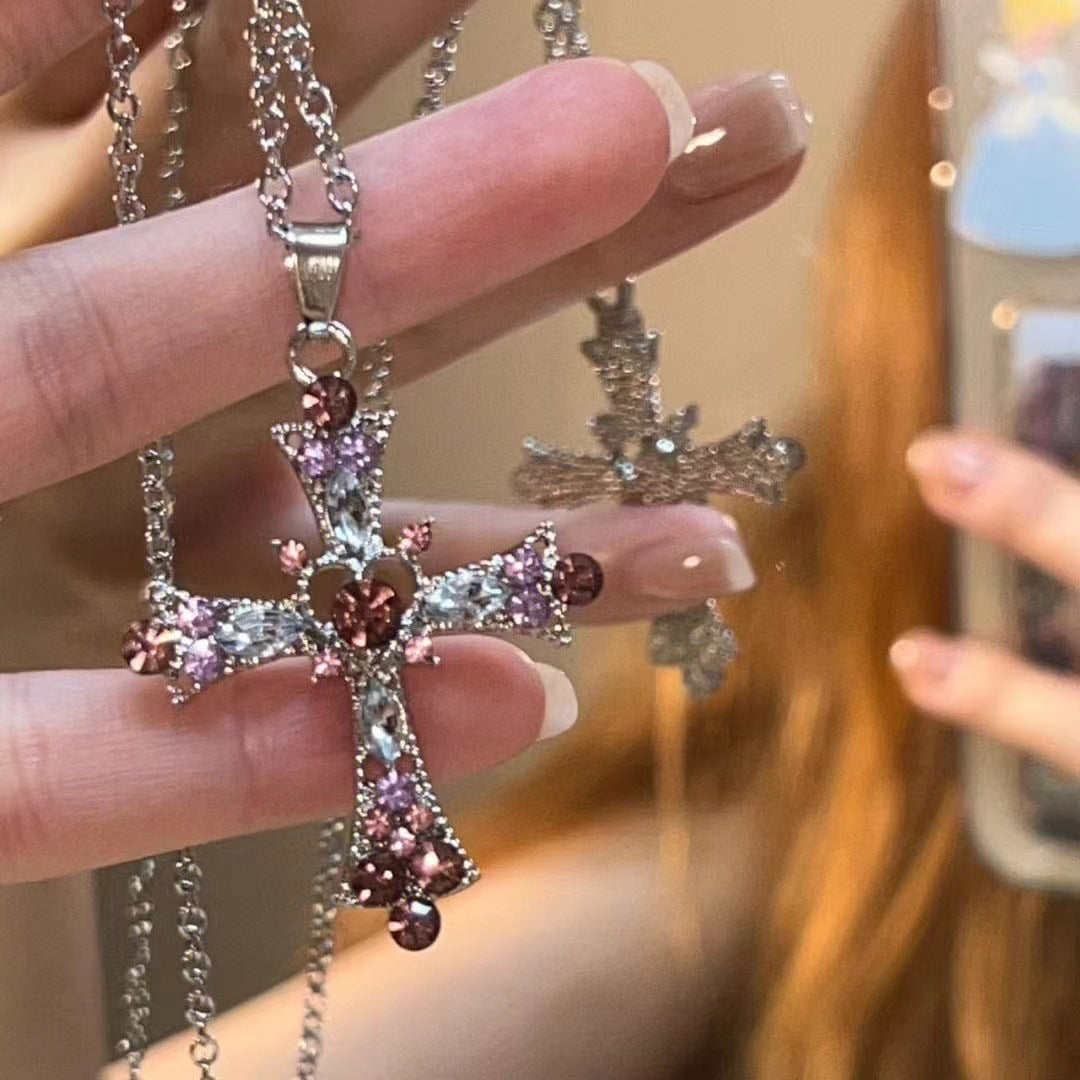 Gothic Y2K Rhinestone Cross Pendant Necklace Vintage Punk Jewelry