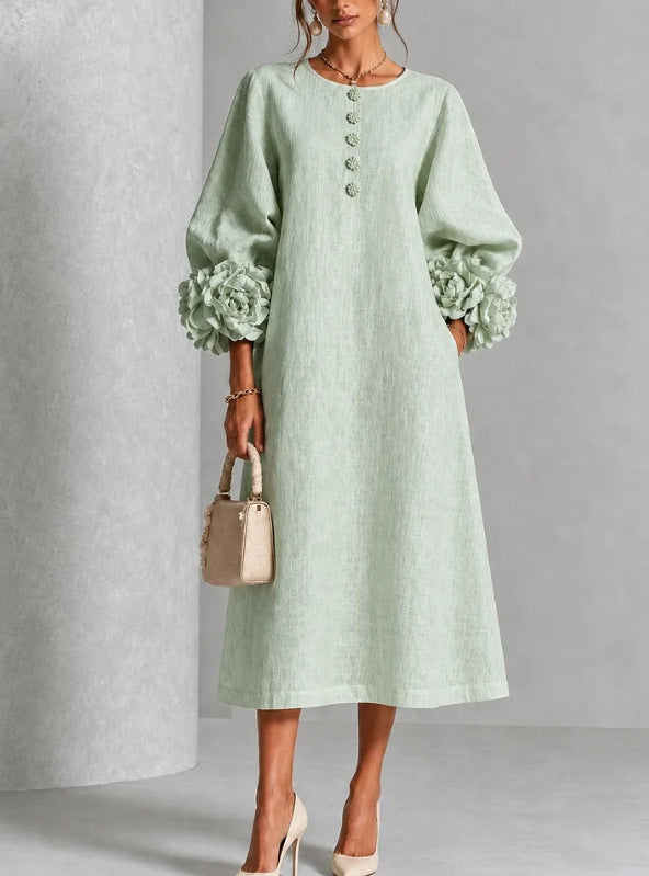 French-Style Flower Lantern Sleeve Cotton Linen Mid-Length Dress