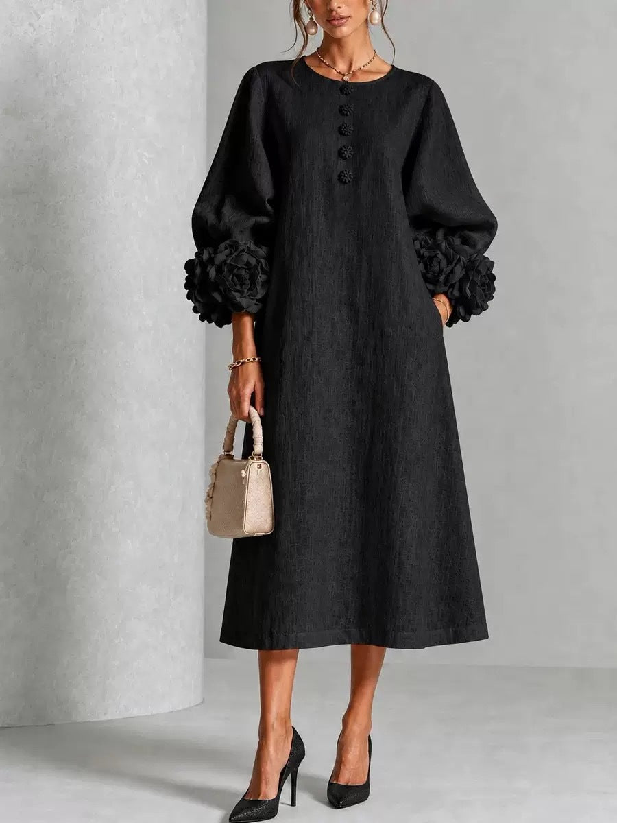 French-Style Flower Lantern Sleeve Cotton Linen Mid-Length Dress