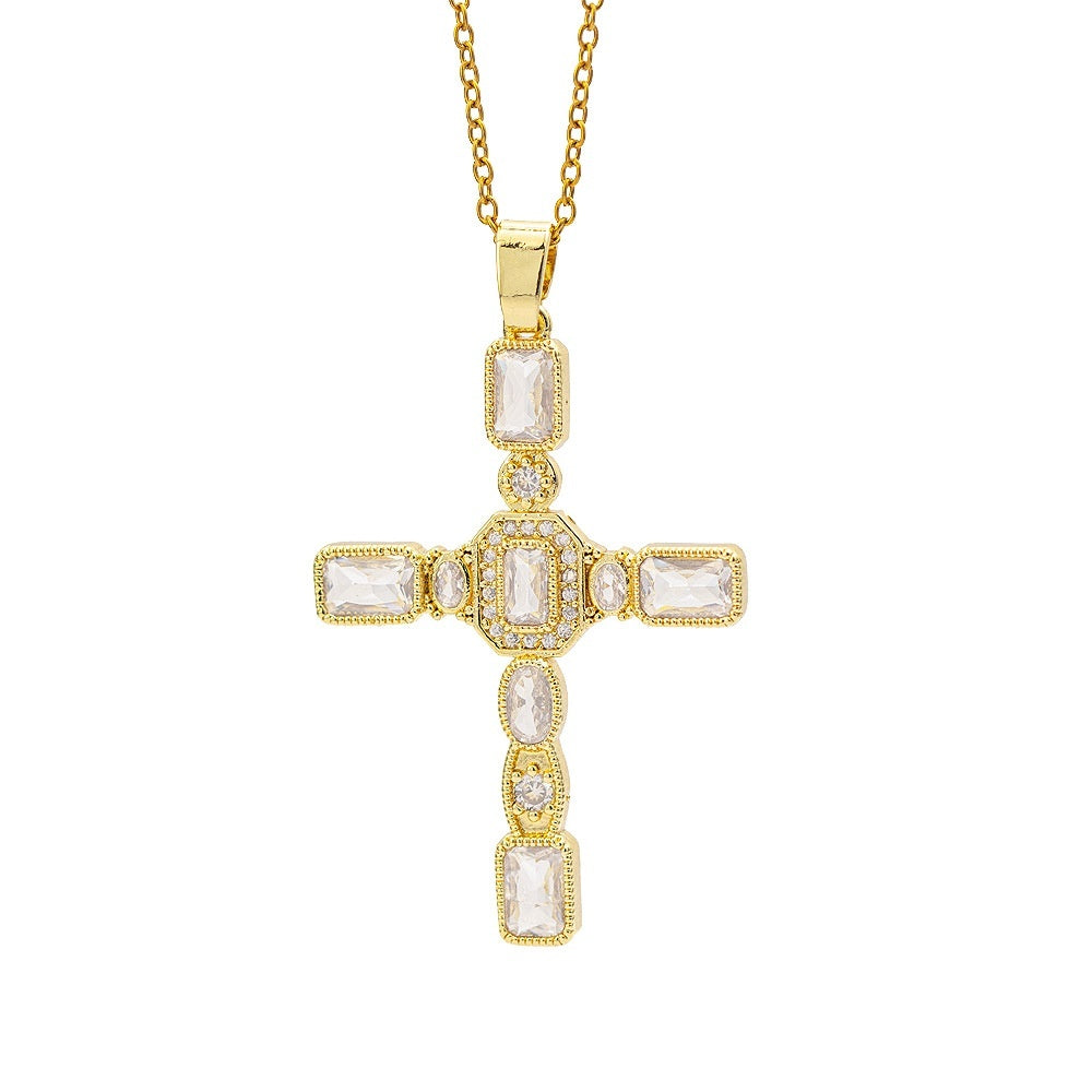 European And American Style Fashionable Colorful Zircon Cross Necklace For Women, Luxurious Look