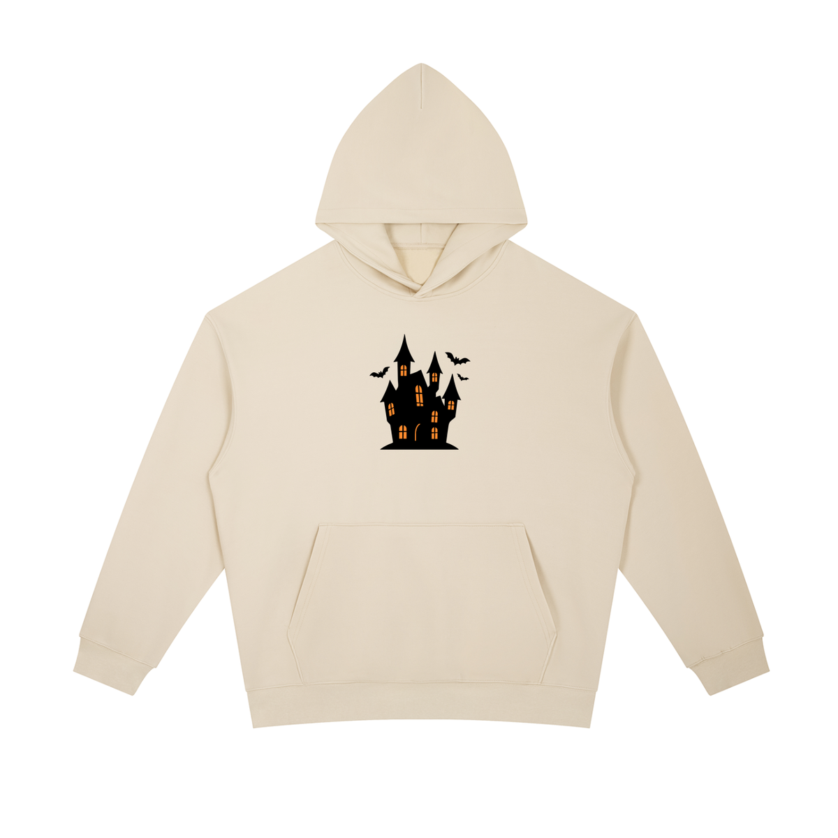 A cream-colored pullover hoodie featuring a small graphic of a haunted house with glowing orange windows and three flying bats on the center chest, displayed against a solid white background.