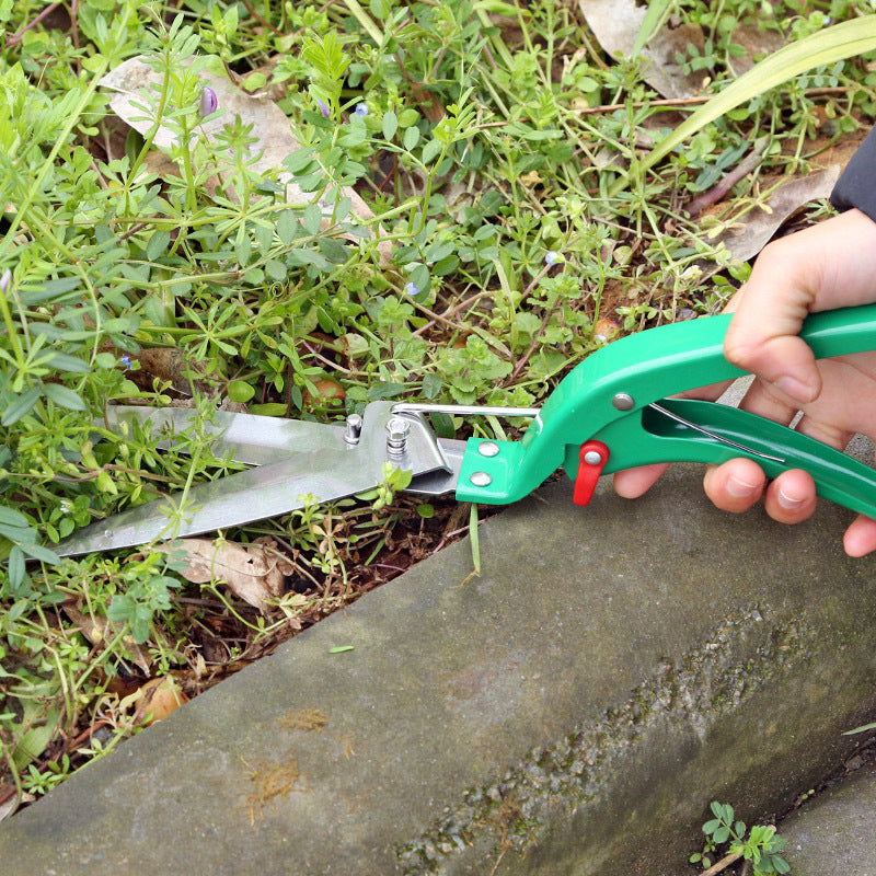 Person using green garden shears to trim plants near a concrete edge.