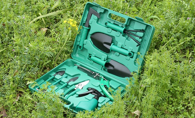 Set of gardening tools in a green case on grass