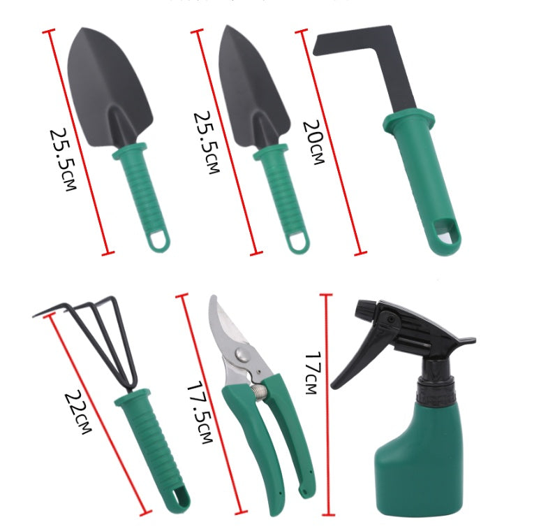 Set of gardening tools with measurements on a white background
