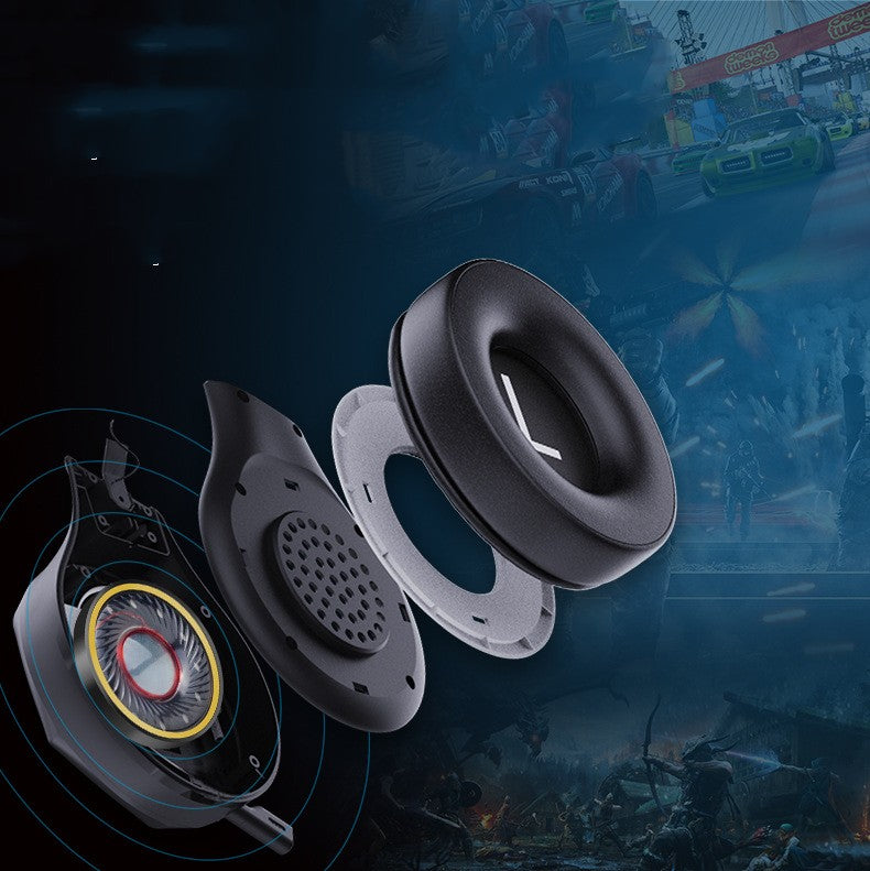 Close-up of headphones  with a racing game background