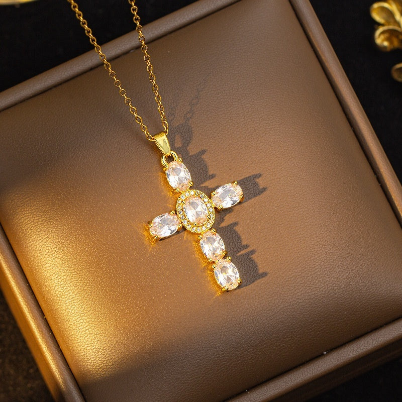 European And American Style Fashionable Colorful Zircon Cross Necklace For Women, Luxurious Look