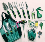 Gardening tools including shovels, forks, pruners, a spray bottle, and gloves on a white background.