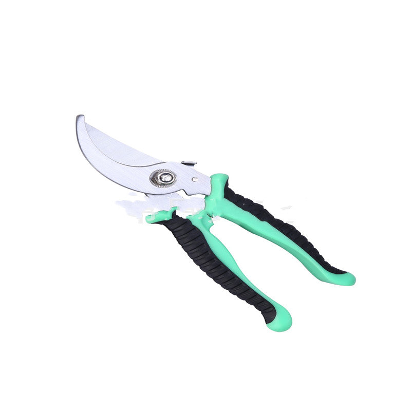 Gardening shears with green handles on a white background