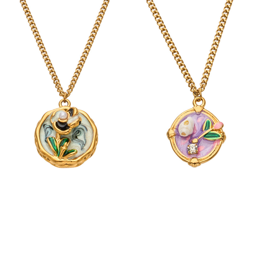 Retro Romantic Enamel-Painted Oil-Style Floral Necklace For Women