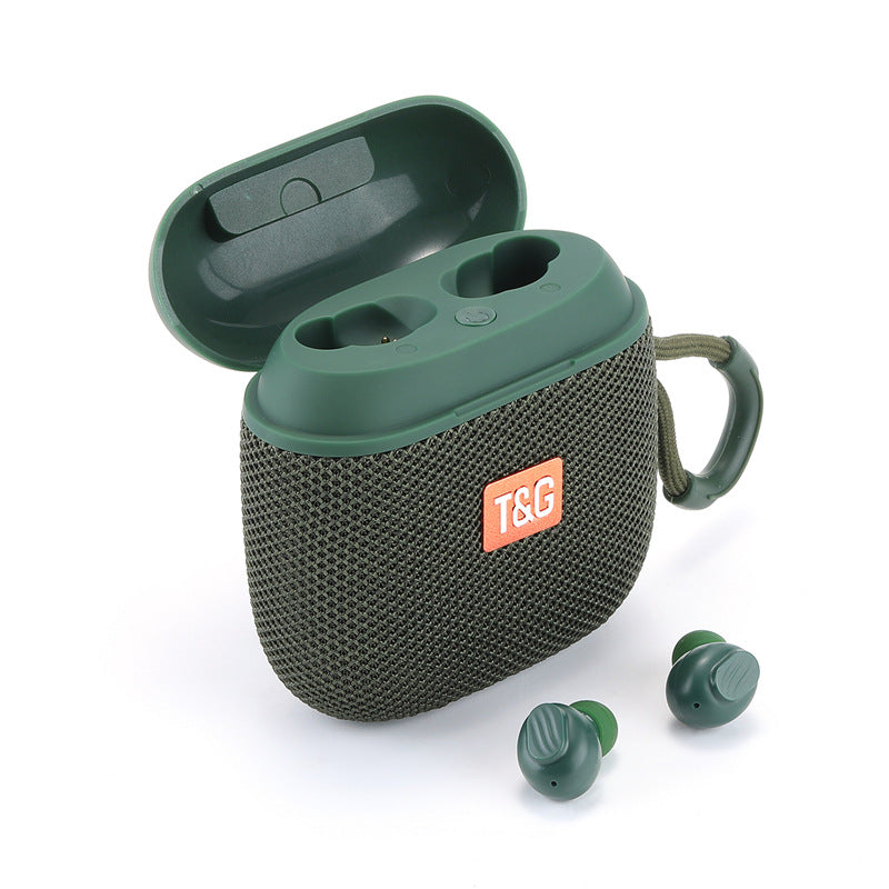 Green wireless earbuds with charging case on a white background