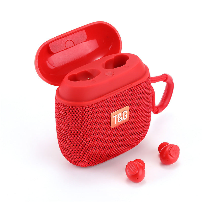 Red wireless earbuds case with earbuds on a white background