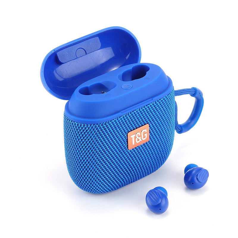 Blue wireless earbuds with charging case on a white background