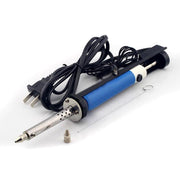 Soldering iron with blue body and black cord on a white background