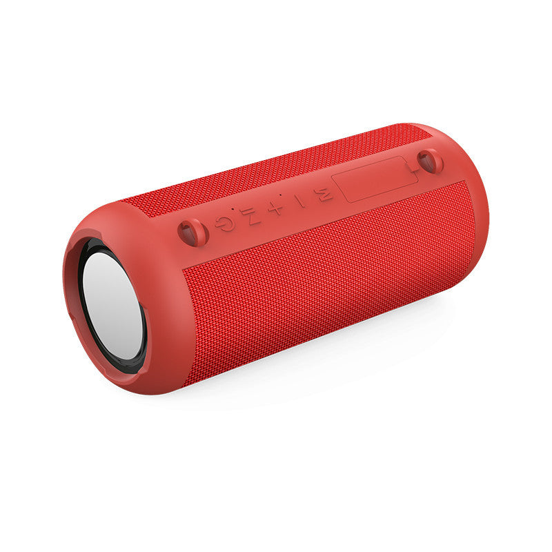 Red cylindrical Bluetooth speaker on a white background