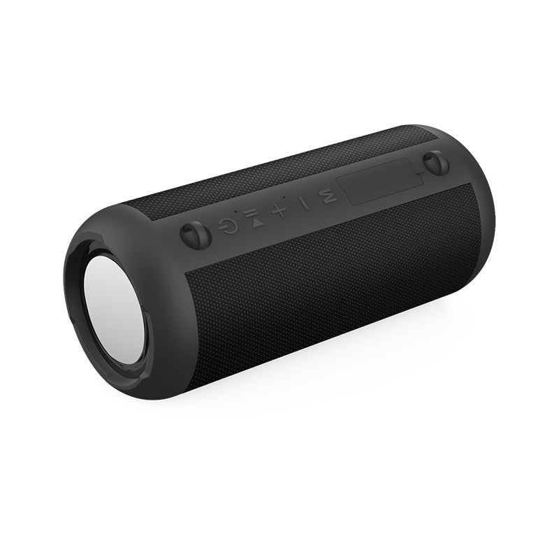 Black portable speaker on a white background
