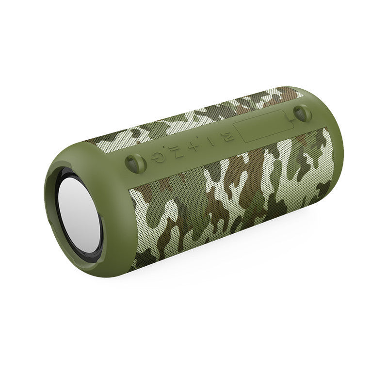 Camouflage-patterned portable speaker on a white background