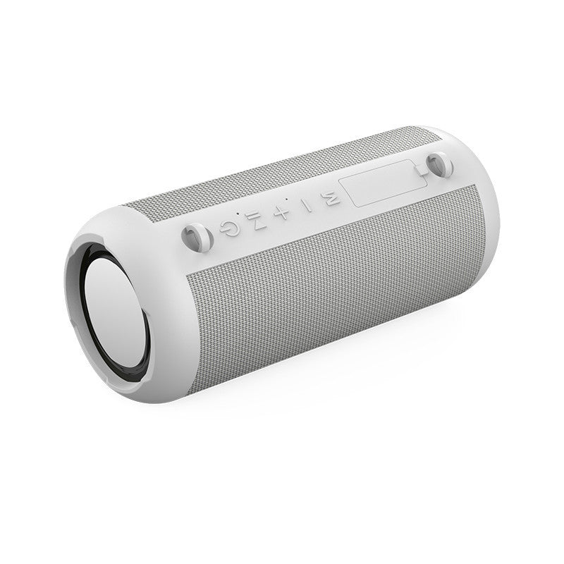 Gray cylindrical speaker on a white background