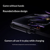 Smartwatch with a black strap on a dark background, highlighting features like 'Game without hands' and 'Rounded elbow design'.