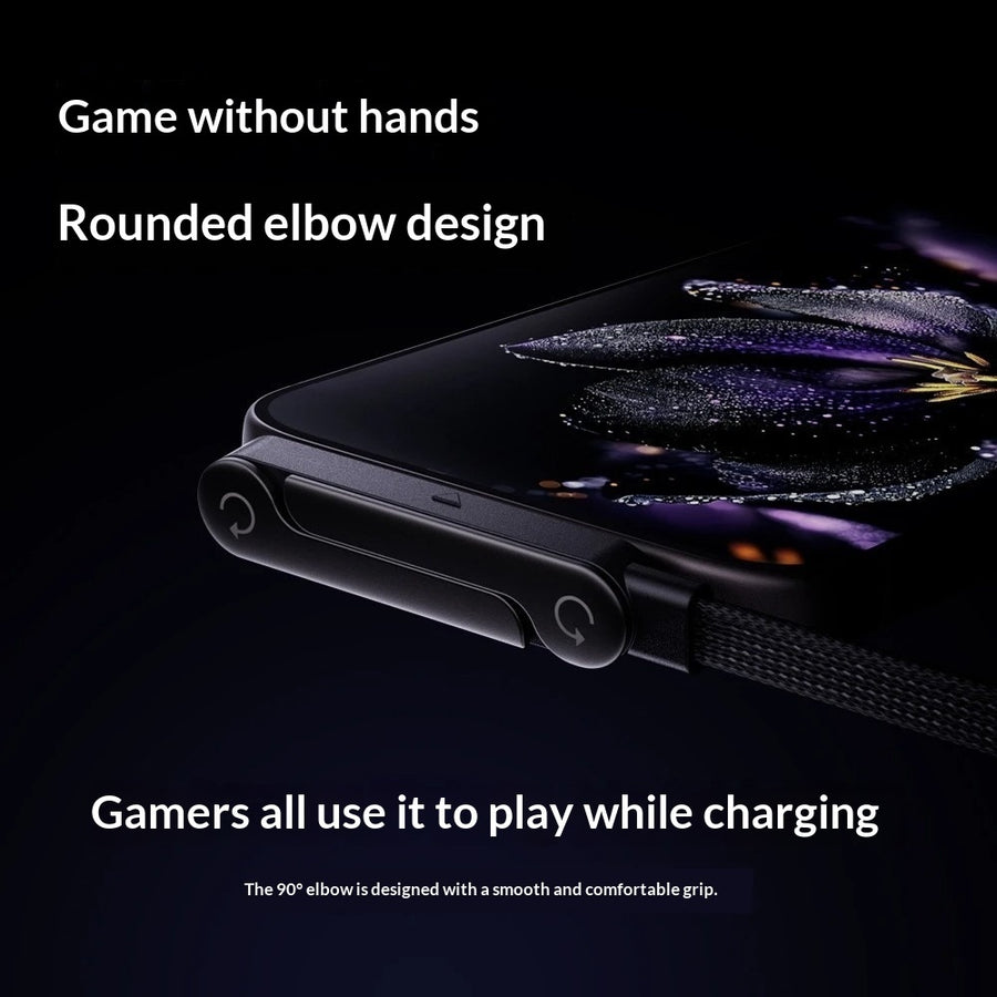 Smartwatch with a black strap on a dark background, highlighting features like 'Game without hands' and 'Rounded elbow design'.