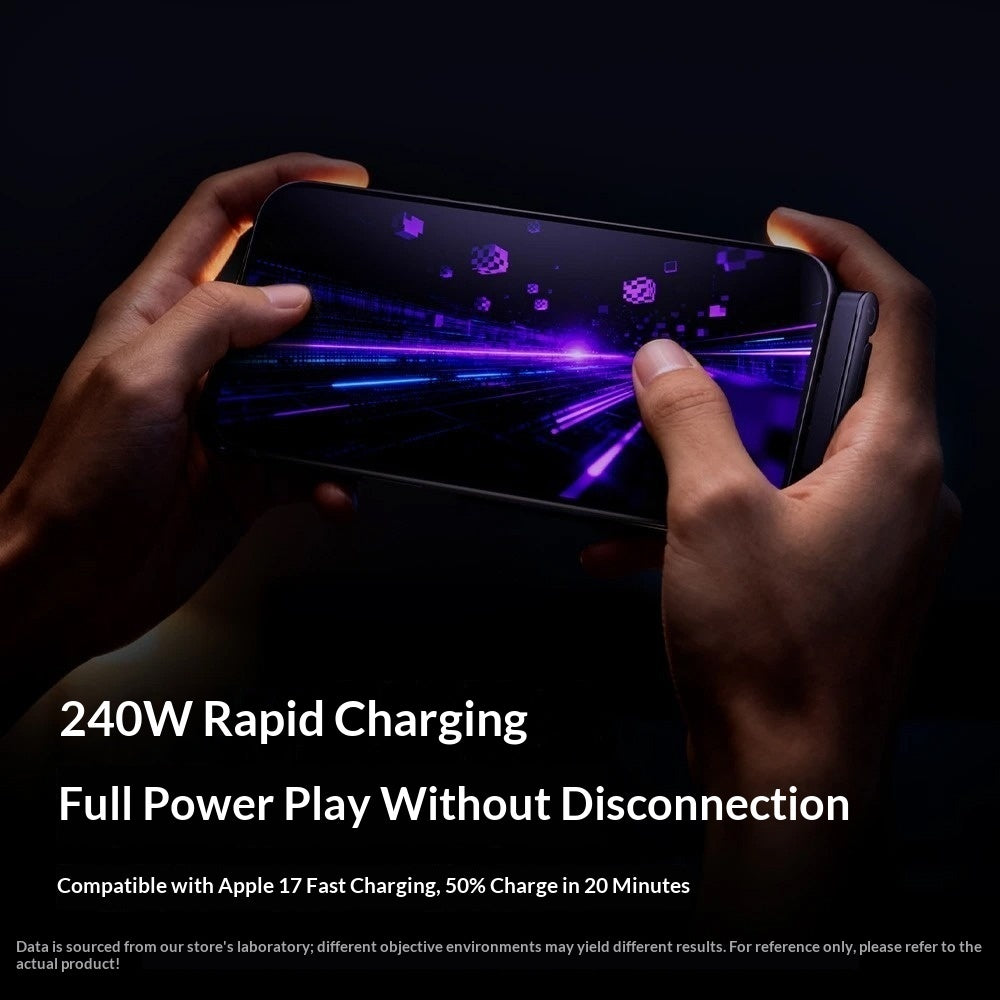 Person holding a smartphone with 240W rapid charging feature highlighted