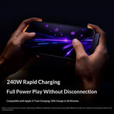 Person holding a smartphone with 240W rapid charging feature highlighted