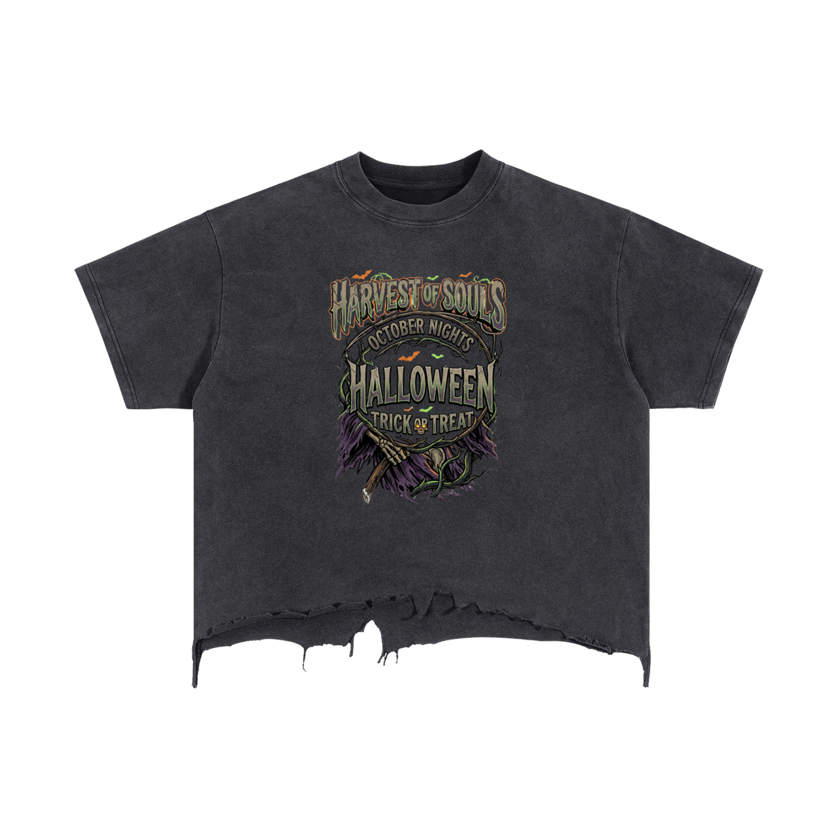 Vintage Wash Boxy Distressed Hem T-Shirt Harvest Of Souls Halloween