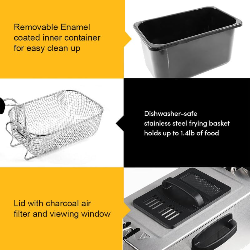 Product features including a removable enamel-coated inner container, dishwasher-safe stainless steel frying basket, and a lid with charcoal air filter and viewing window.
