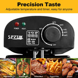 Black food temperature controller with adjustable temperature and timer, shown with food images below.