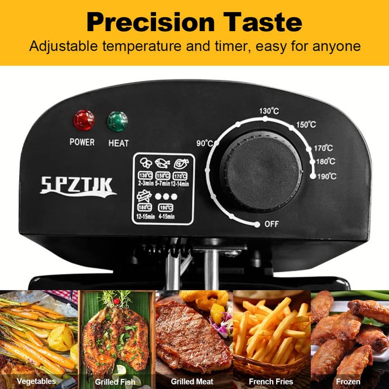 Black food temperature controller with adjustable temperature and timer, shown with food images below.