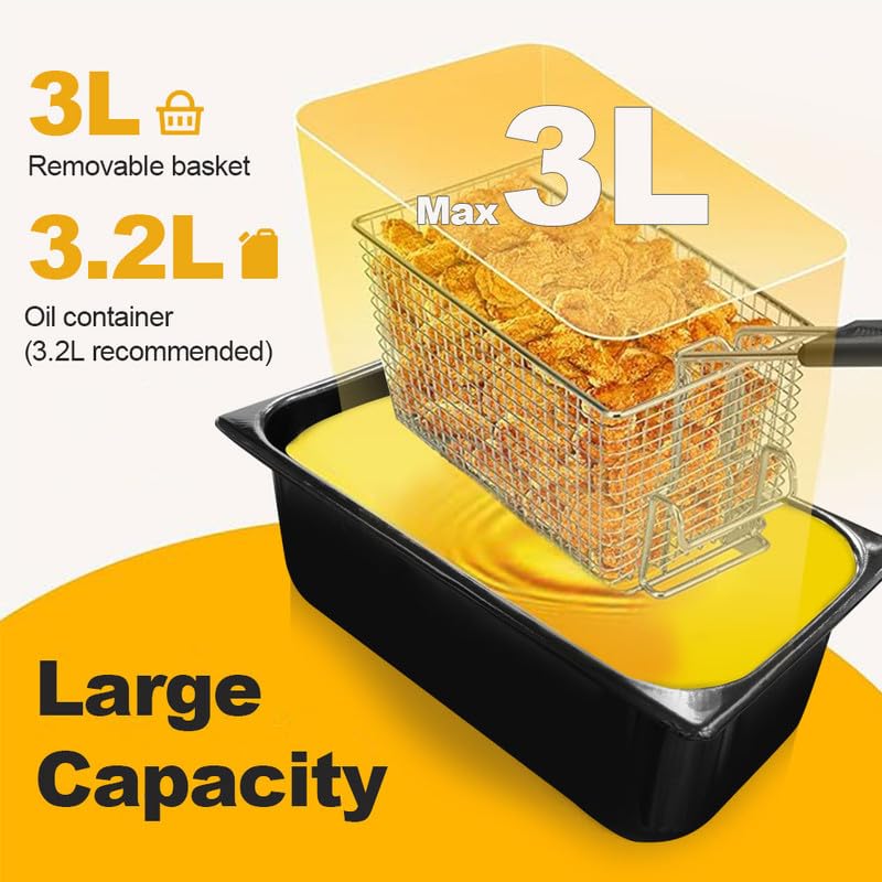 Fryer basket with removable basket and oil container on a yellow background