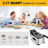 People enjoying a meal together with a deep fryer and serving suggestions displayed.