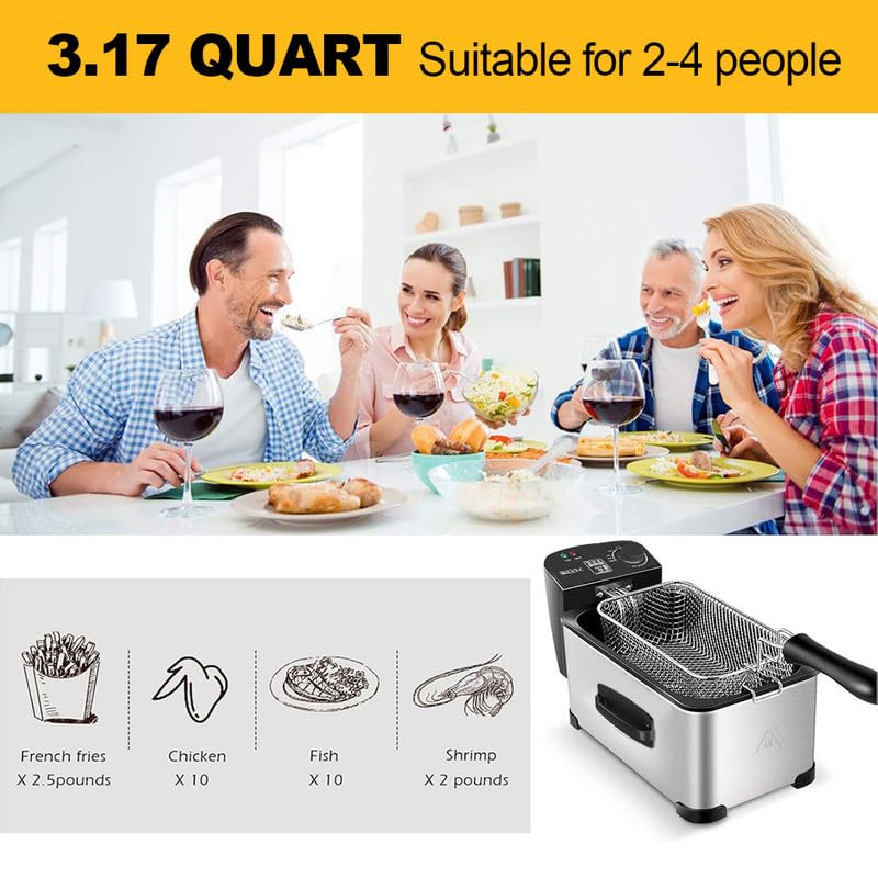 People enjoying a meal together with a deep fryer and serving suggestions displayed.