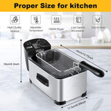 Electric deep fryer with features listed on a white background