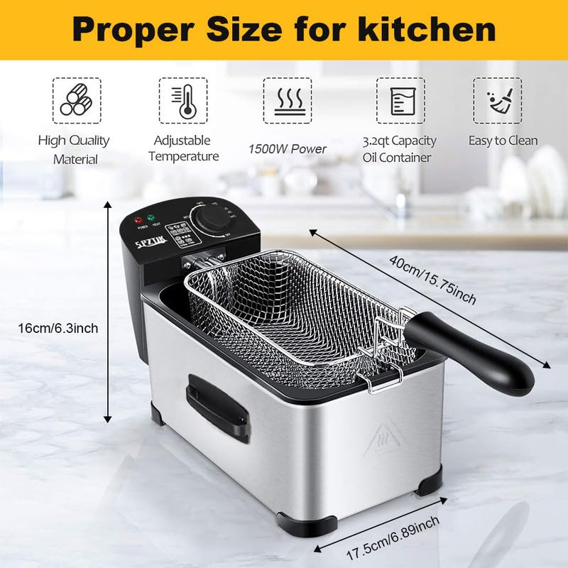 Electric deep fryer with features listed on a white background
