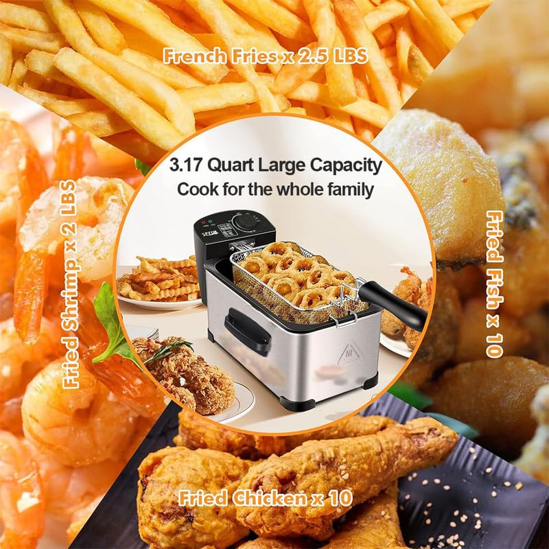 Fryer surrounded by fried food items with text on capacity and types of food.