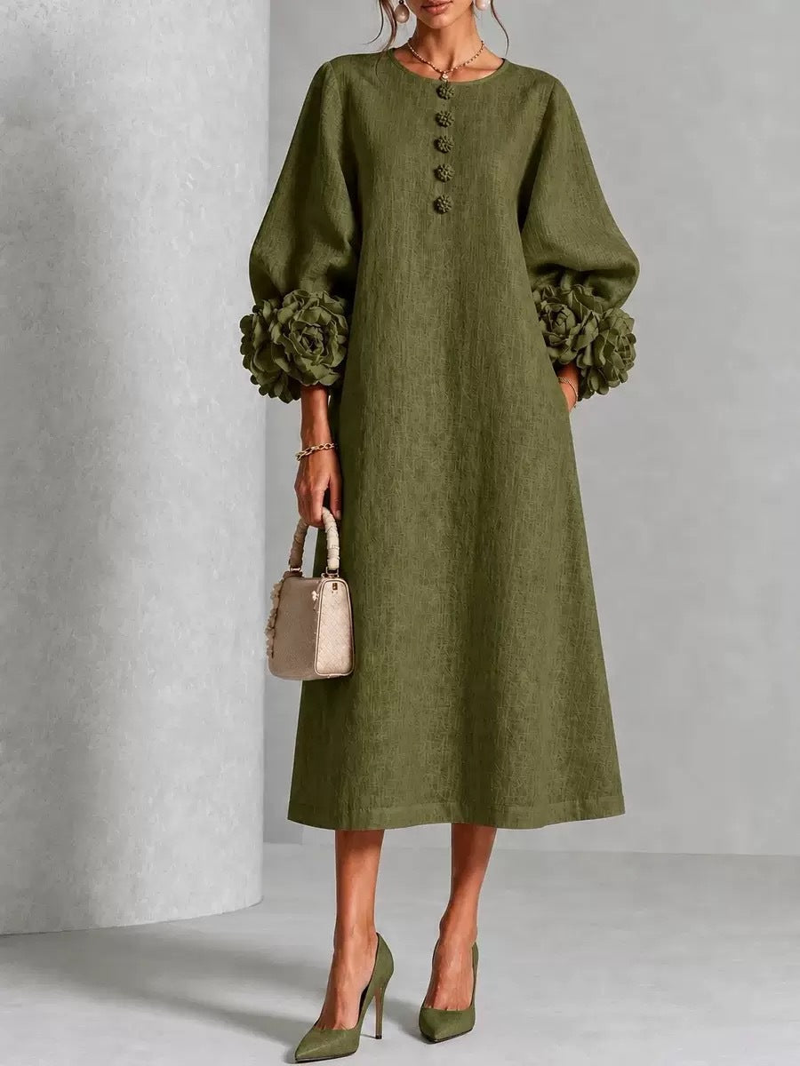 French-Style Flower Lantern Sleeve Cotton Linen Mid-Length Dress