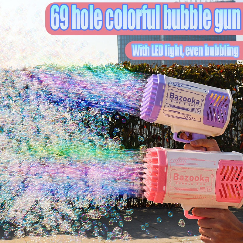 Rocket 69-Hole Bubble Gun – Automatic Soap Bubble Machine with LED Lights