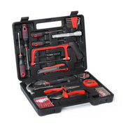 Open tool kit with various tools including wrenches and screwdrivers on a white background