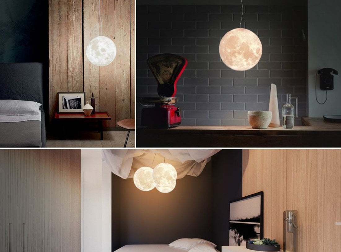 Collage of interior design elements including a moon-shaped lamp, bed, and decor items.
