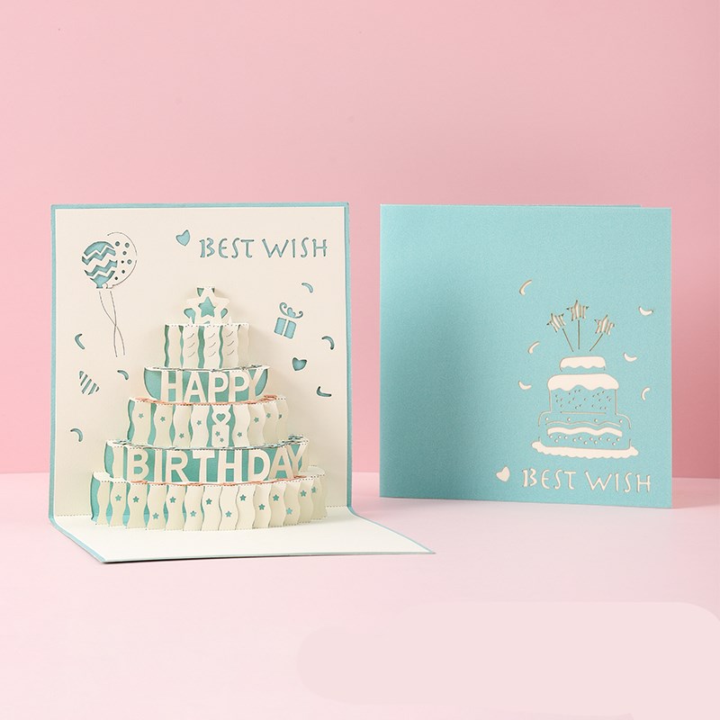 Two birthday cards with cake illustrations on a pink background